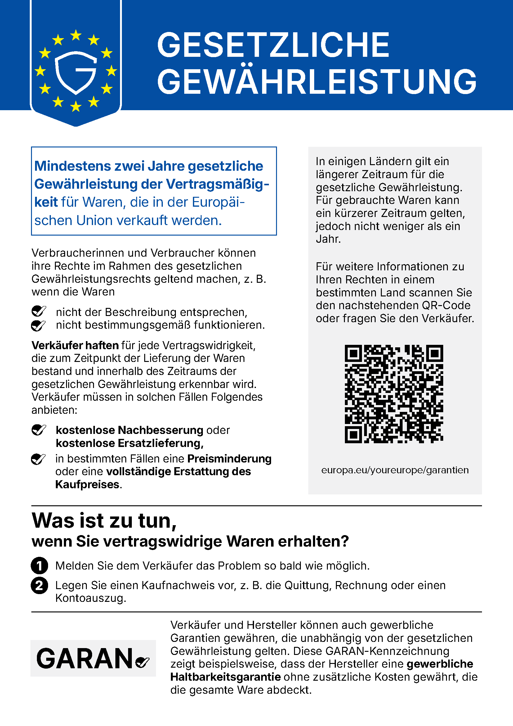 Gewährleistungslabel und -informationen Deutsch